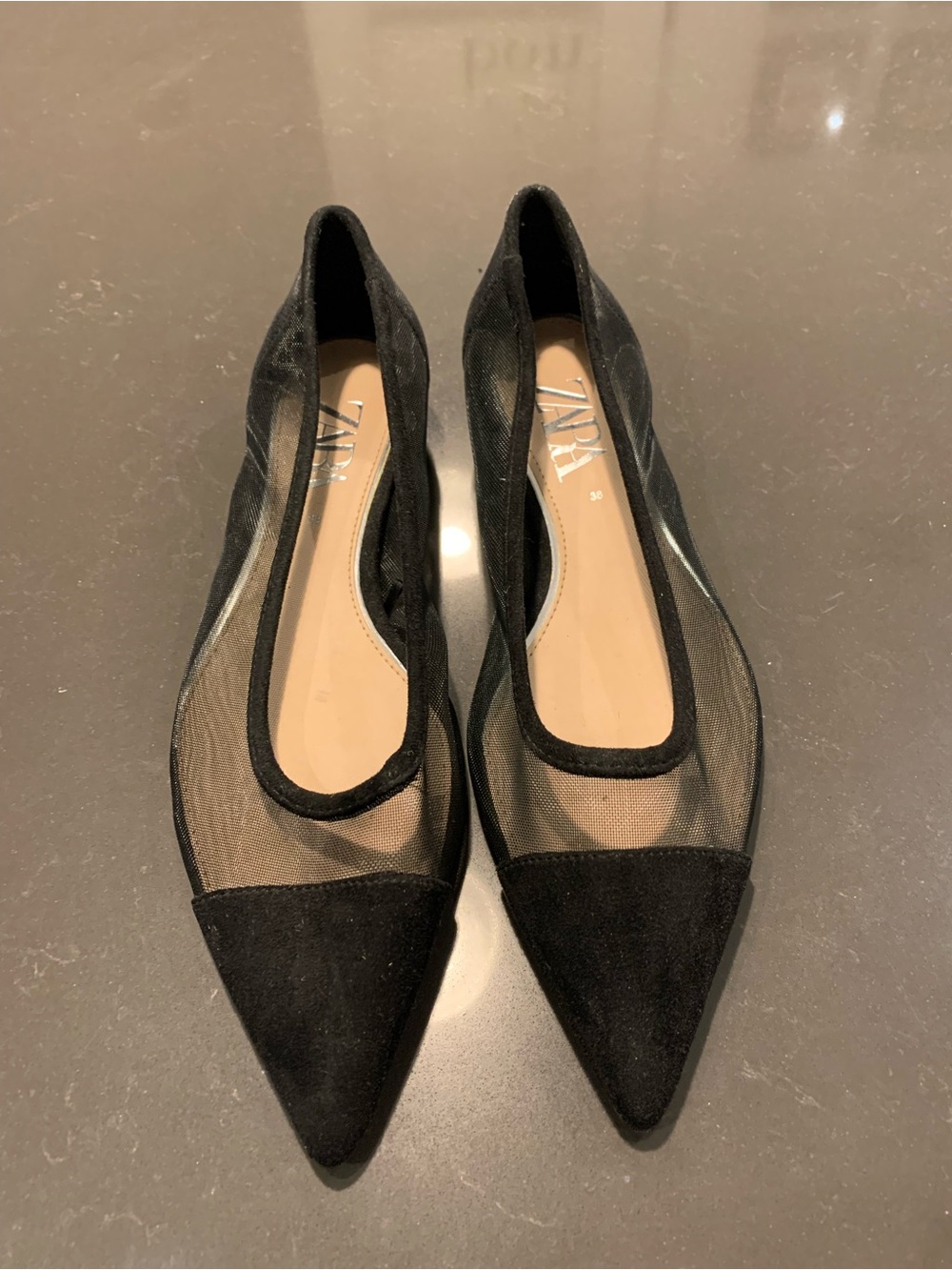 Zara Black Pointed Mesh Ballet Flats with Suede Toe